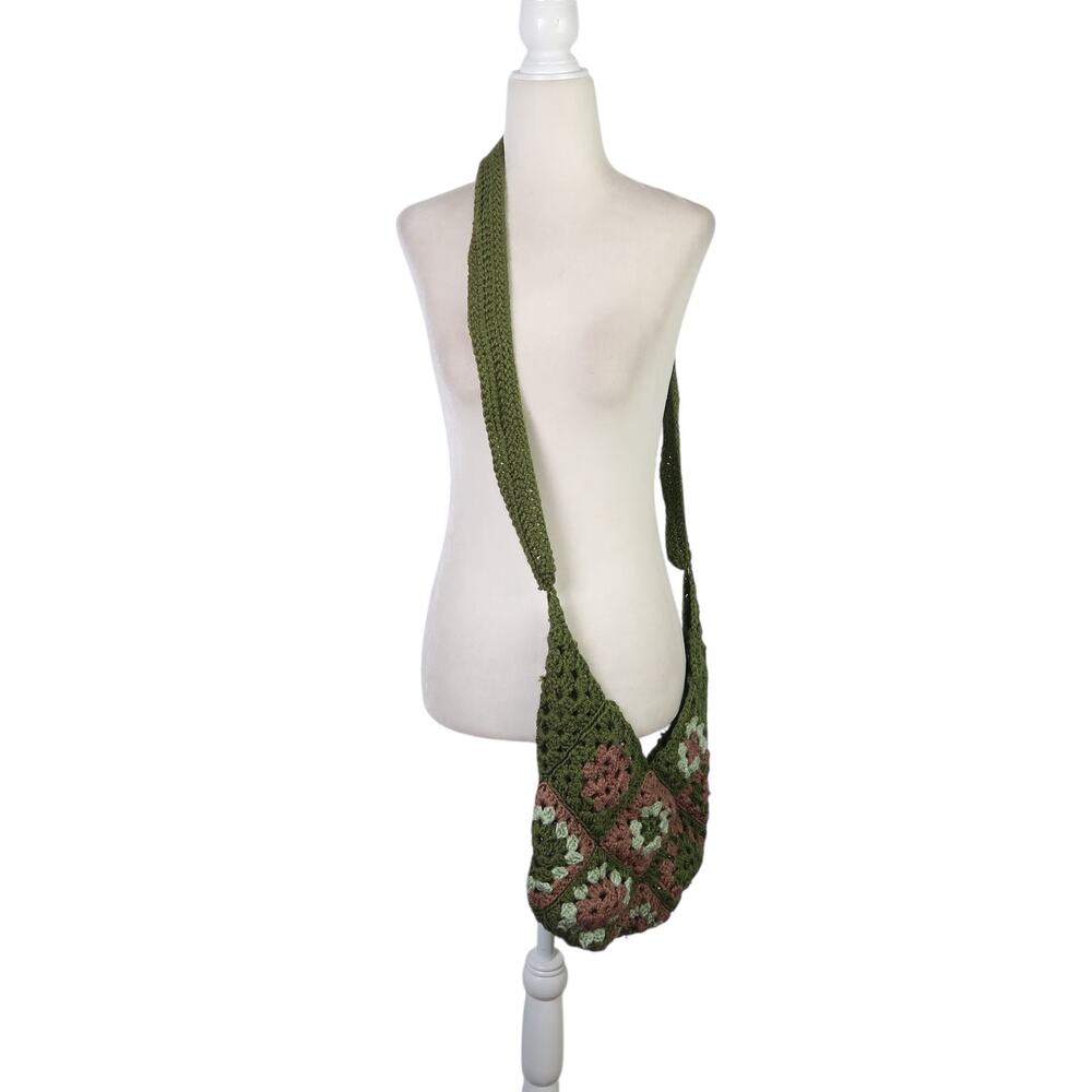 Vintage Handmade Olive Green Granny Square Crochet Knit Crossbody Bag Purse - Picture 3 of 5